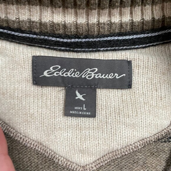 Eddie Bauer Oatmeal Stripe Wool Blend Zip Henley Pullover Sweater Size Large - Picture 8 of 10